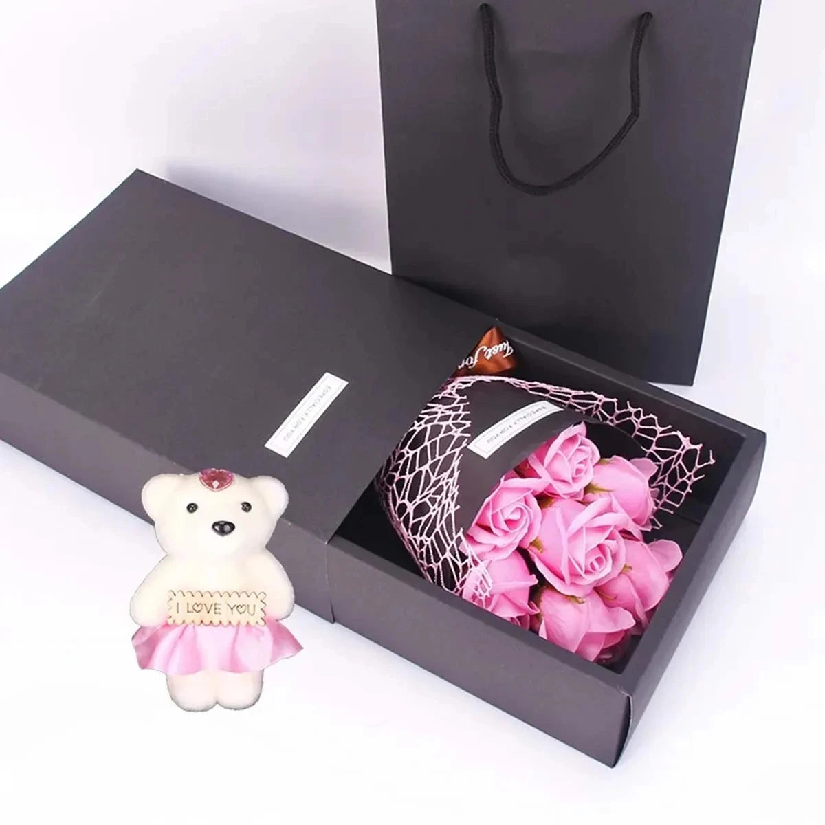 Valentine's Day Rose Soap Bouquet Teddy Bear Gift Box